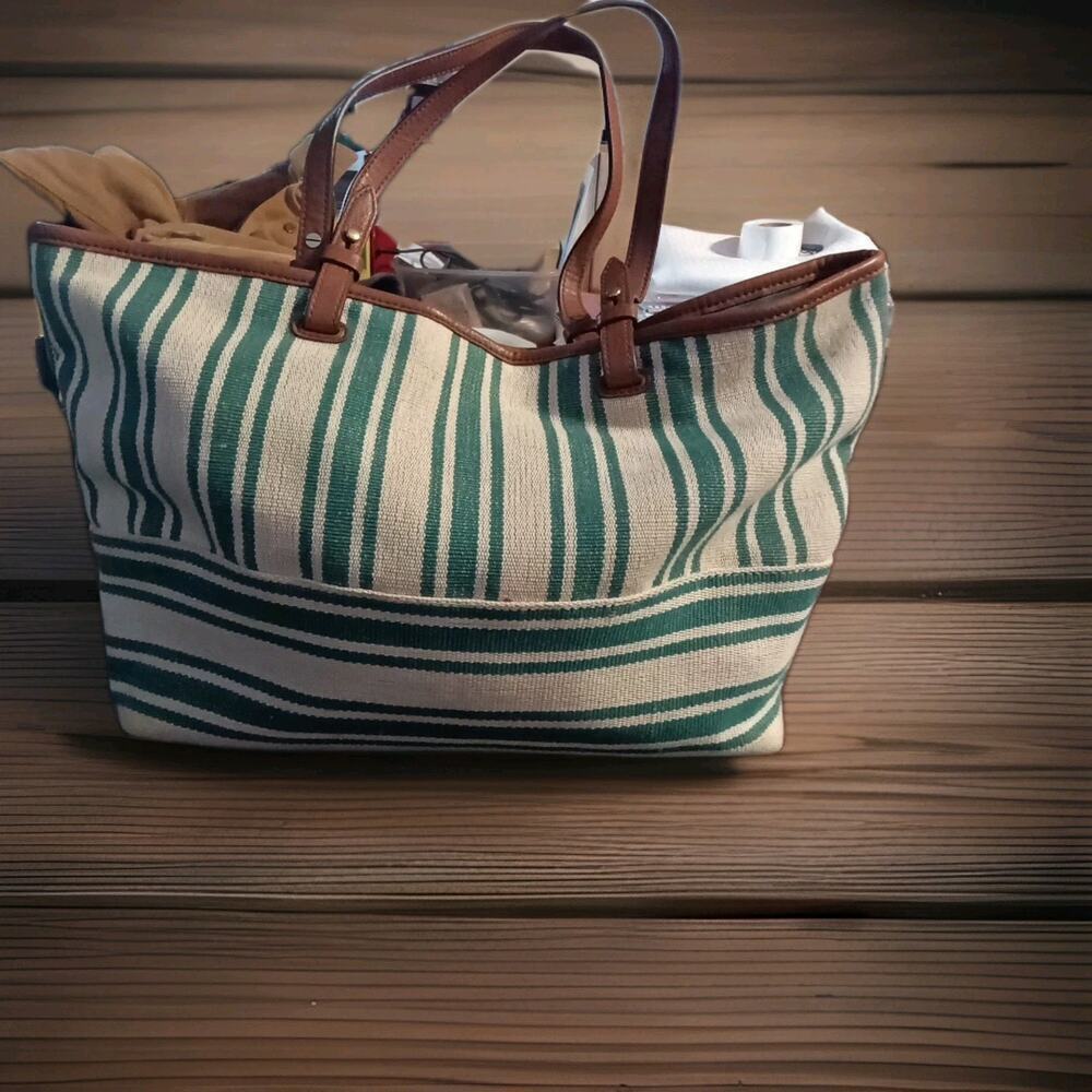 Fossil Rachel tote bag with a teal stripe canvas and brown leather trim Boho... - Picture 3 of 8